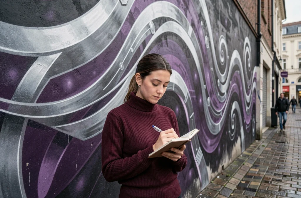 Une jeune femme prenant des notes devant une fresque futuriste urbaine pour démarrer une collection de peintures
