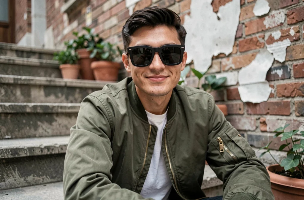 Jeune homme arborant des lunettes de soleil vintage carrées noires en milieu urbain sur des escaliers en béton