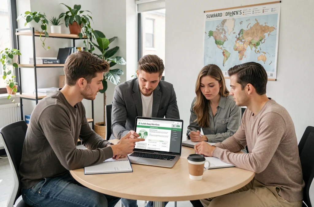 Groupe de jeunes diplômés discutant de critères d'engagement social lors d'un entretien en startup