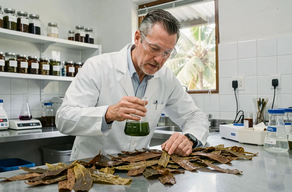 Chercheur en laboratoire analysant des échantillons d'algues sargasses pour développer des applications industrielles en Guadeloupe