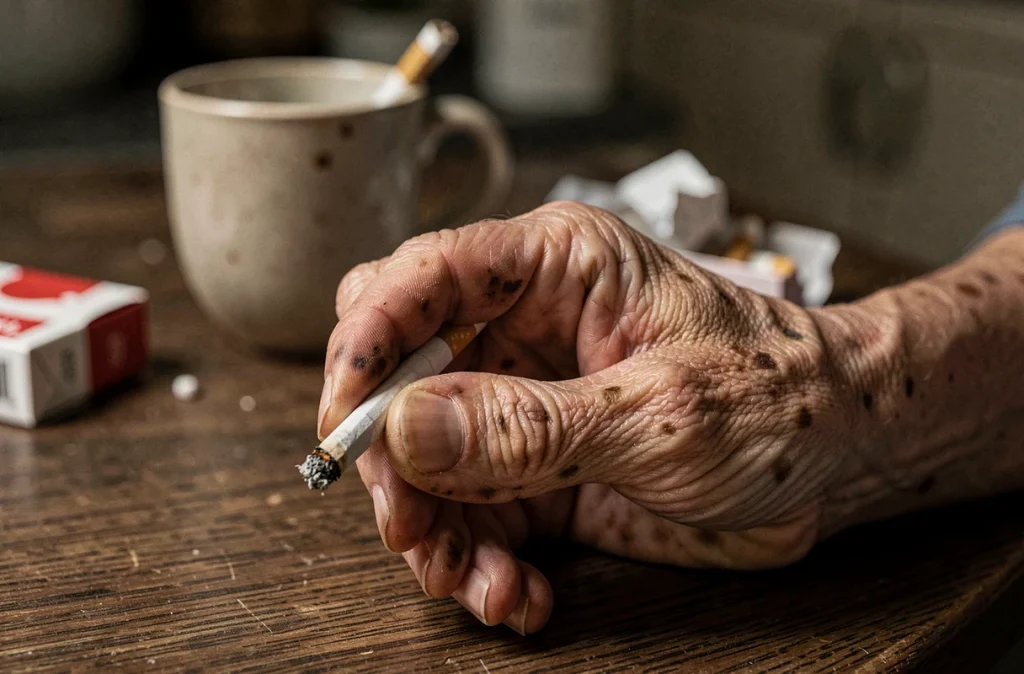 Gros plan sur des mains de femme âgée tenant une cigarette, montrant les taches brunes, rides et jaunissement liés au tabagisme