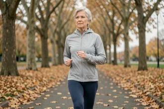 Femme de 55 ans marchant d'un pas vif dans un parc urbain en automne pour améliorer sa tension artérielle