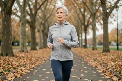 Femme de 55 ans marchant d'un pas vif dans un parc urbain en automne pour améliorer sa tension artérielle