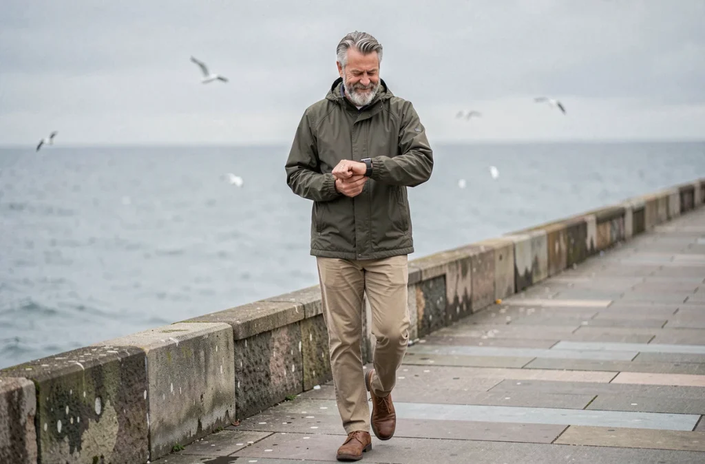 Homme de 62 ans consultant sa montre connectée pendant une marche en bord de mer pour surveiller sa santé cardiovasculaire