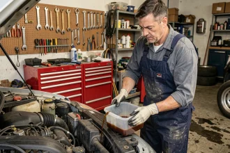 Mécanicien vidangeant l'huile moteur usagée dans un garage bien équipé pour entretenir le moteur de sa voiture