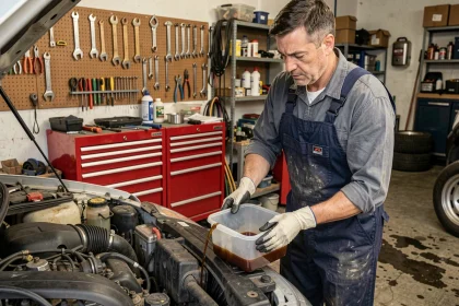 Mécanicien vidangeant l'huile moteur usagée dans un garage bien équipé pour entretenir le moteur de sa voiture