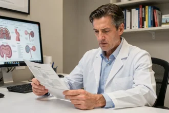 Gastroentérologue examinant un rapport de coloscopie dans un bureau médical moderne pour le dépistage du cancer colorectal
