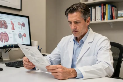 Gastroentérologue examinant un rapport de coloscopie dans un bureau médical moderne pour le dépistage du cancer colorectal