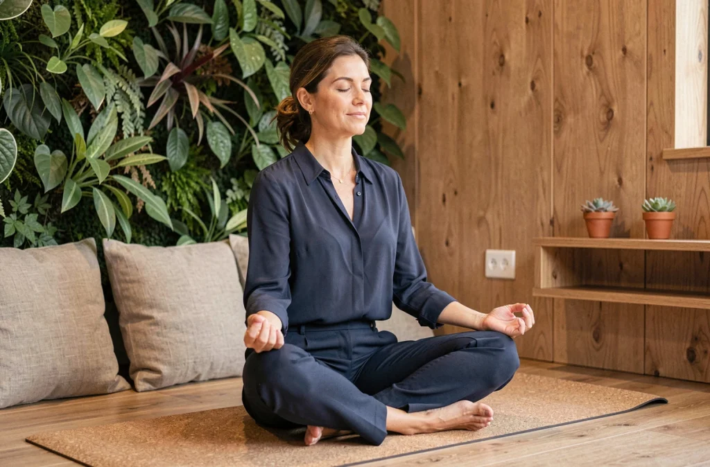 Femme cadre pratiquant la méditation dans une salle de bien-être aménagée en entreprise avec mur végétal