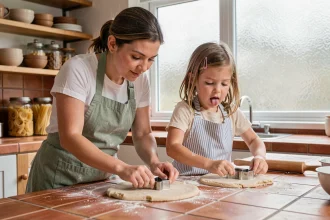 Mère et fille en tabliers farinés découpant des biscuits ensemble sur un îlot de cuisine en bois