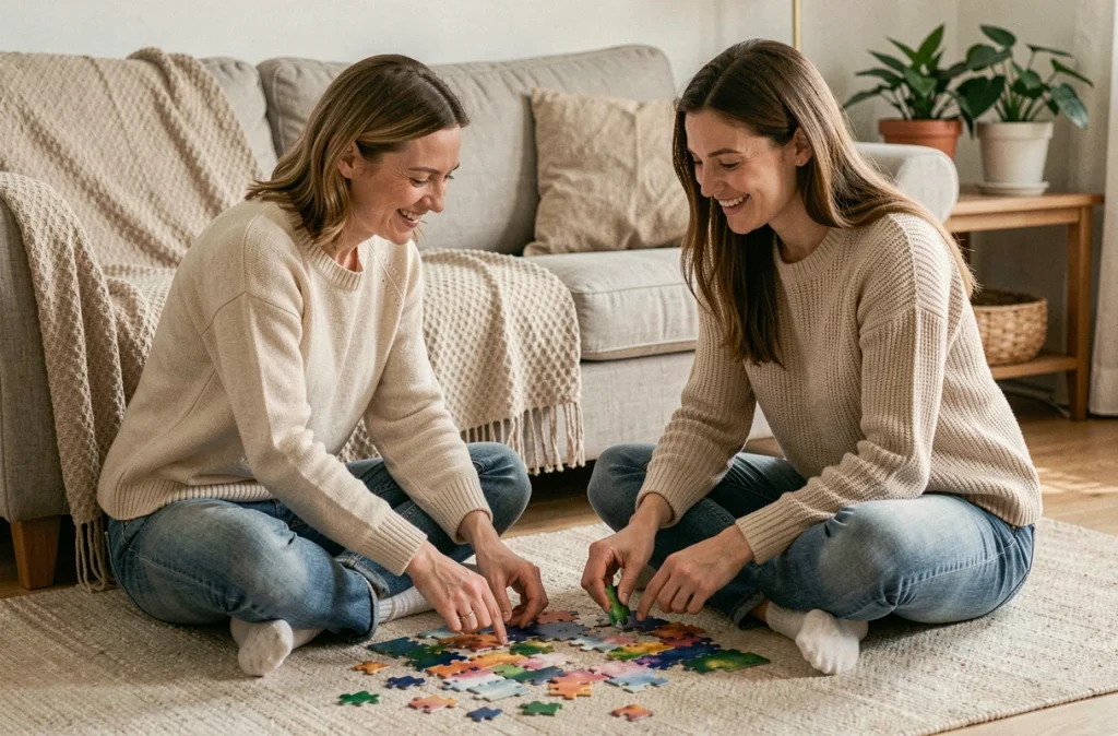 Mère et fille adulte faisant un puzzle ensemble sur le sol du salon lors d'une soirée en famille sans téléphone ni écran