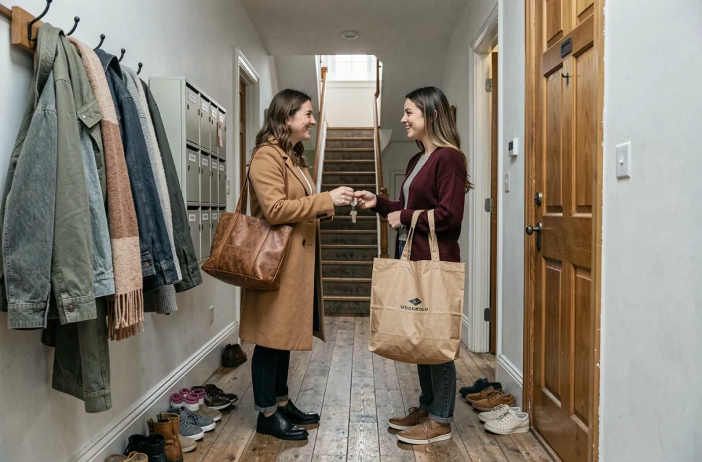Deux mères colocataires s'échangeant des clés dans l'entrée commune d'une grande maison partagée en famille