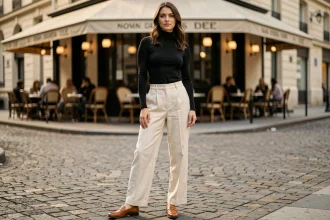 Femme élégante portant des mocassins en cuir camel avec un pantalon large en lin ivoire dans une rue pavée parisienne