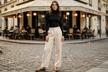 Femme élégante portant des mocassins en cuir camel avec un pantalon large en lin ivoire dans une rue pavée parisienne