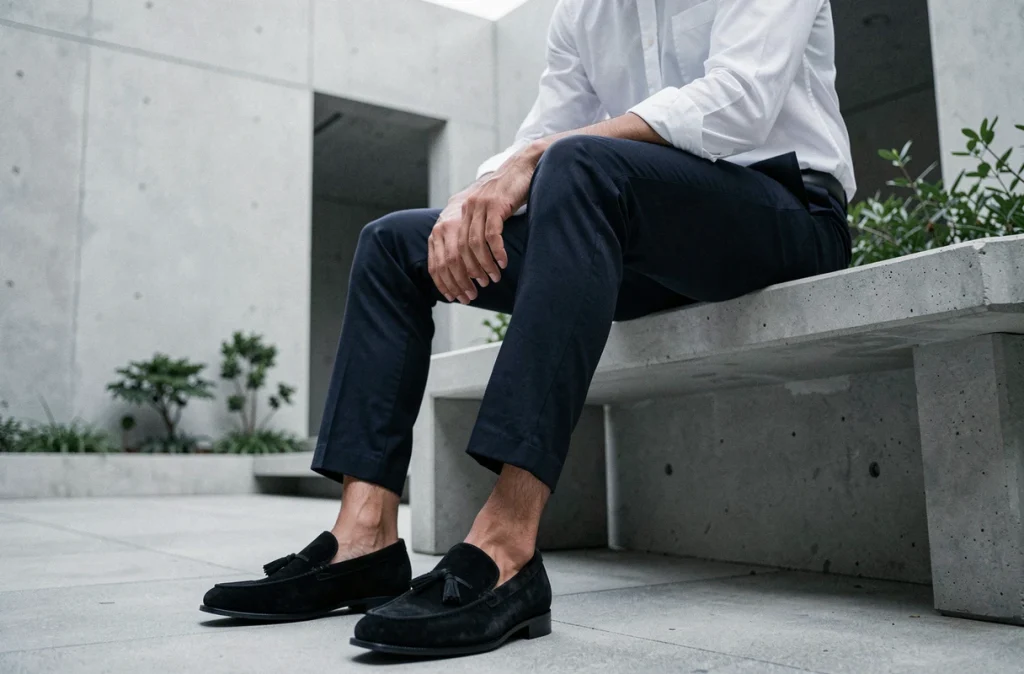 Homme en mocassins suède noir et chino marine assis dans une cour architecturale minimaliste moderne