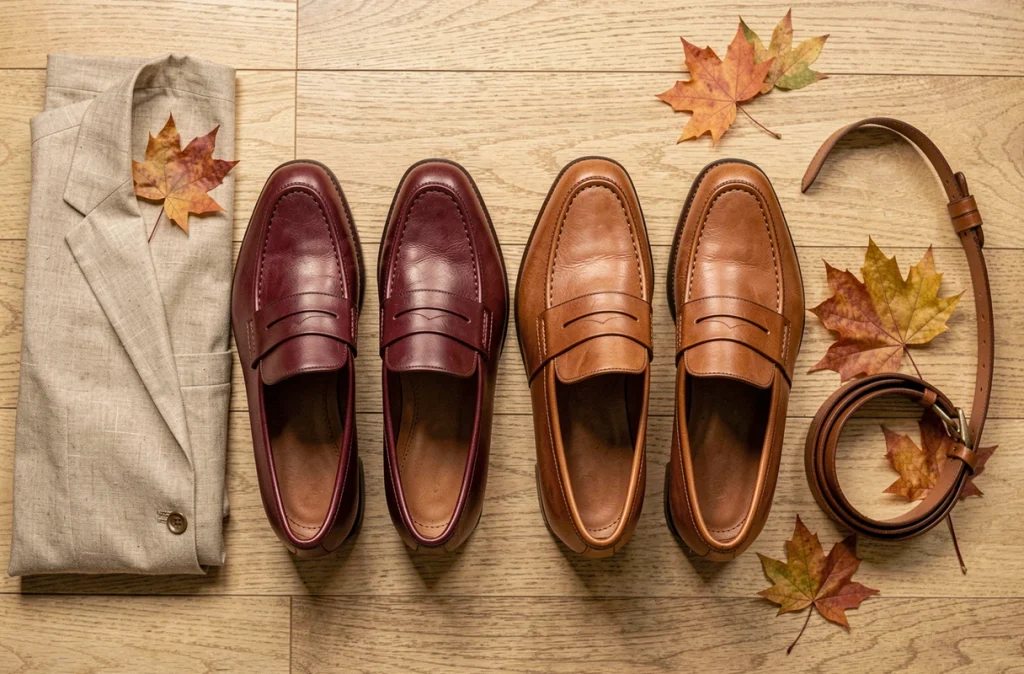 Deux paires de mocassins hommes et femmes en cuir cognac et bordeaux photographiées en flat-lay sur parquet chêne clair