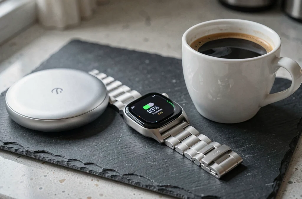Montre intelligente en charge sur un comptoir de cuisine avec affichage du niveau de batterie
