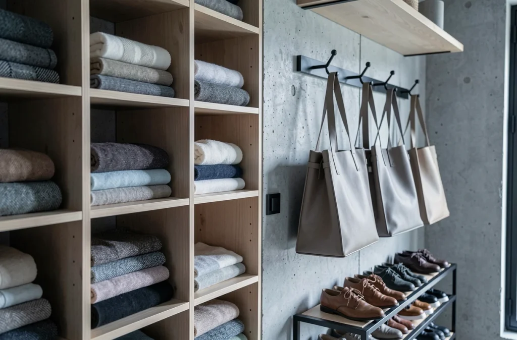 Mur de rangement d'entrée style scandinave avec niches ouvertes, crochets noirs et étagère à chaussures en bois clair