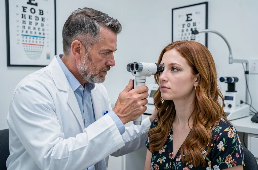 Ophtalmologiste examinant les yeux d'une patiente avec une lampe à fente dans un cabinet médical moderne