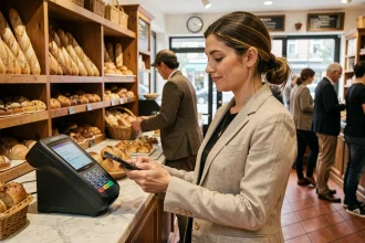 Une femme utilisant son smartphone pour payer sans contact dans une boulangerie parisienne