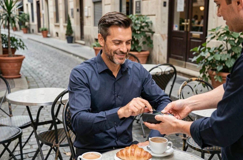 Un homme payant avec sa montre connectée en terrasse d'un café à Lyon