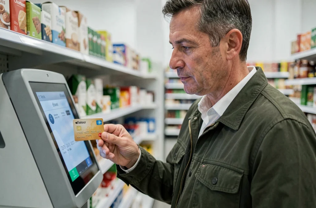 Homme effectuant un paiement sans contact par carte bancaire en supermarché