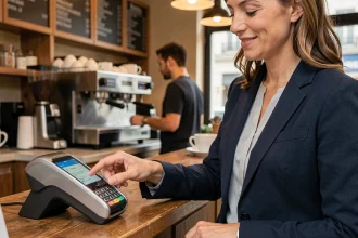 Femme utilisant son smartphone pour un paiement sans contact dans un café parisien