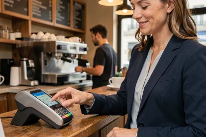Femme utilisant son smartphone pour un paiement sans contact dans un café parisien