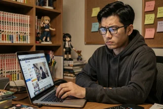 Jeune homme parcourant un forum de manga sur son ordinateur portable, entouré de volumes One Piece, illustrant les erreurs à éviter lors du partage de liens de scans