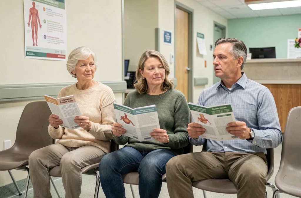 Groupe de patients en salle d'attente d'hôpital consultant des brochures sur le dépistage du cancer colorectal
