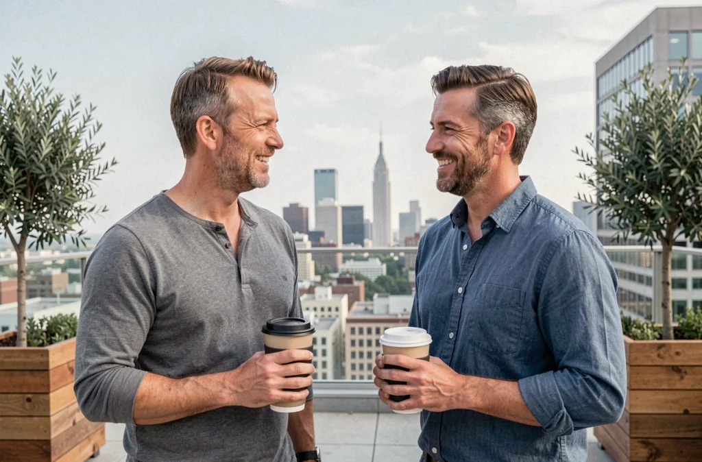 Deux collègues masculins discutant sur une terrasse de bureau aménagée, illustrant les initiatives bien-être en entreprise