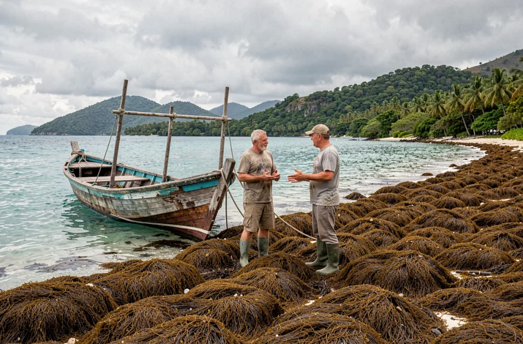Pêcheurs guadeloupéens face aux accumulations d'algues sargasses sur le littoral, envisageant leur transformation en ressource économique