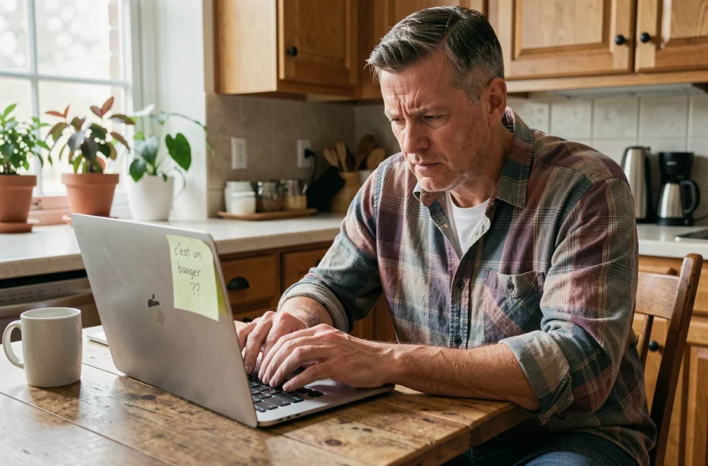 Un père perplexe découvre l'expression banger en lisant un article sur son ordinateur portable dans la cuisine