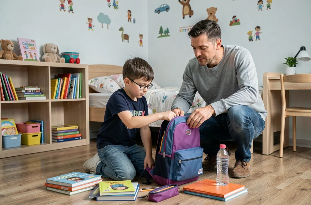 Père aidant son fils à ranger son cartable scolaire dans une chambre d'enfant organisée