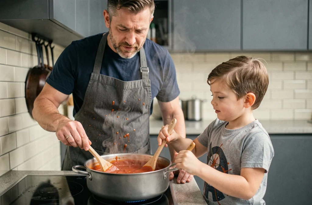 Père et fils remuant ensemble une sauce tomate dans une cuisine moderne avec tabliers assortis