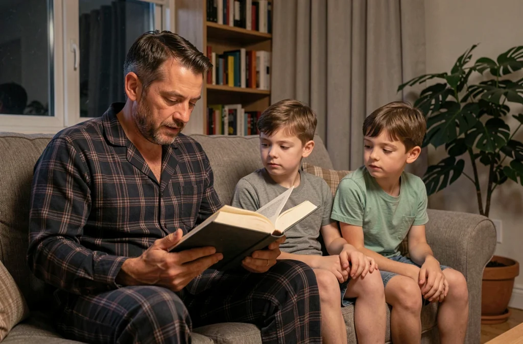 Père lisant un livre à voix haute à ses deux fils sur le canapé lors d'une soirée familiale sans écran favorisant la lecture partagée