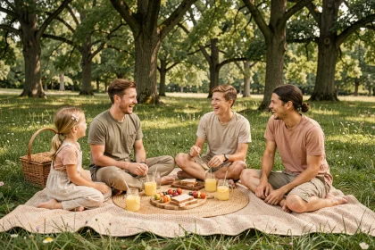 Famille avec enfants de tous âges réunie pour un pique-nique sur une prairie verdoyante avec panier en osier et nappe tissée