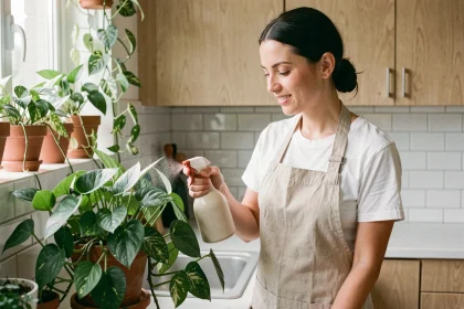 Femme arrosant une plante dépolluante pothos dans une cuisine moderne avec des pots en terre cuite sur le rebord de fenêtre