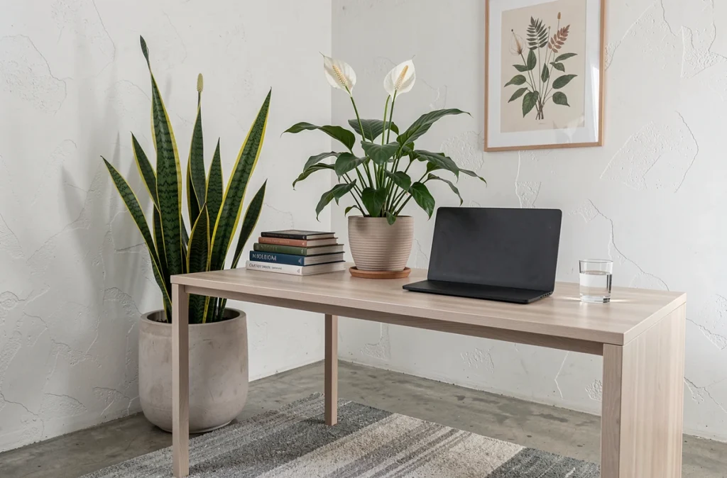 Bureau à domicile minimaliste avec un sansevieria et un spathiphyllum dépolluants posés sur un bureau en bois clair