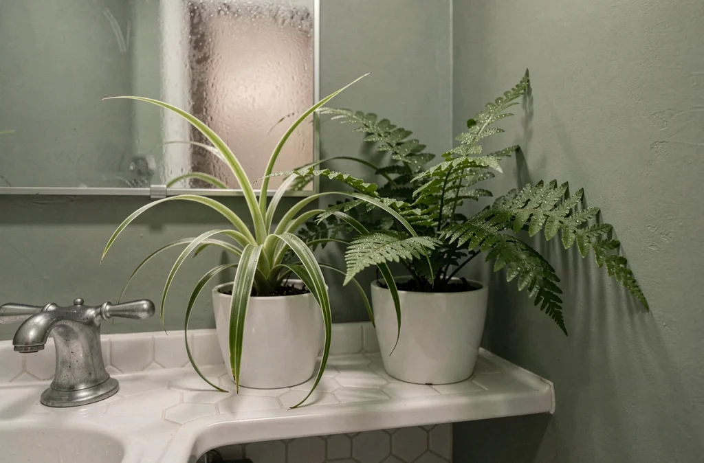 Étagère de salle de bain avec un chlorophytum et une fougère de Boston dépolluants dans des pots en céramique blanche