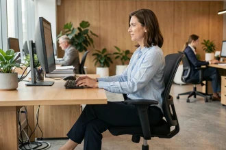 Femme assise avec une posture ergonomique correcte à son bureau de travail pour prévenir le mal de dos