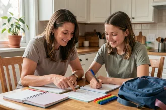 Mère et fille adolescente préparant ensemble la liste des fournitures scolaires à la table de cuisine