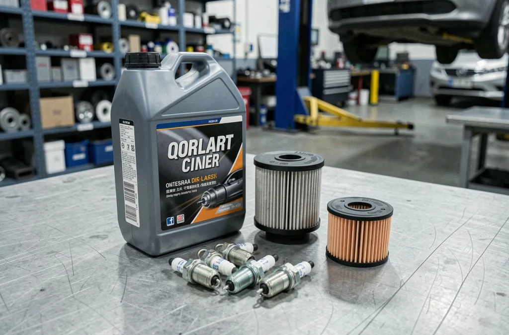 Produits essentiels pour l'entretien moteur disposés sur un établi d'atelier automobile, incluant huile, filtre à huile et bougies d'allumage