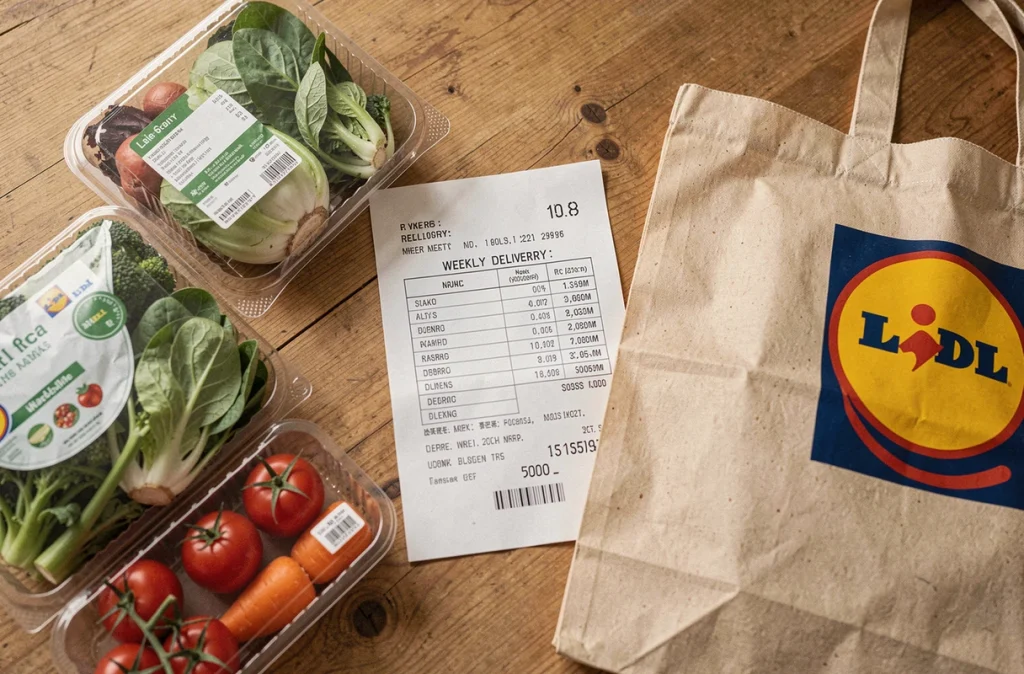 Produits frais Lidl livrés disposés sur une table avec un calendrier de livraison