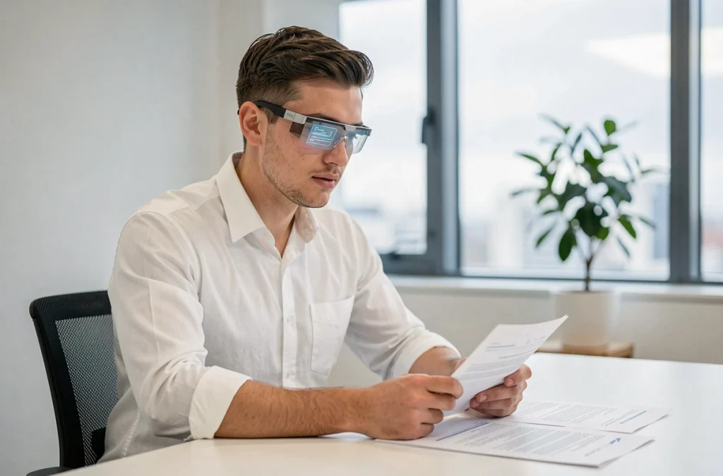 Jeune professionnel portant des lunettes connectées au bureau, illustrant l'intégration des wearables dans le monde du travail