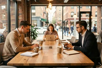 Trois professionnels travaillant côte à côte dans un espace de coworking moderne avec murs en briques et grandes fenêtres urbaines