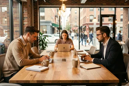 Trois professionnels travaillant côte à côte dans un espace de coworking moderne avec murs en briques et grandes fenêtres urbaines