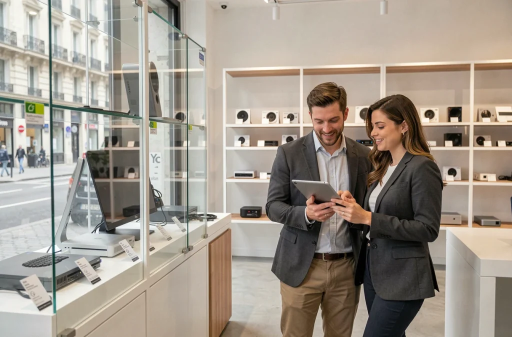 Deux professionnels discutant de matériel informatique reconditionné dans un showroom de recyclage numérique à Paris