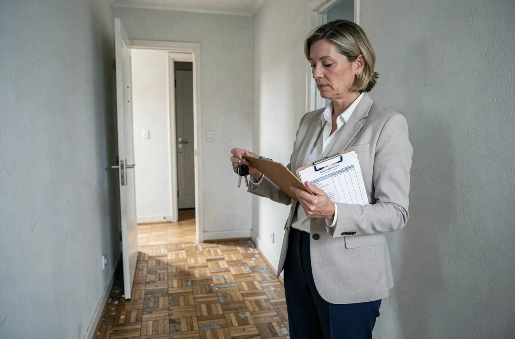 Propriétaire bailleuse inspectant son appartement locatif avec des documents de revenus fonciers
