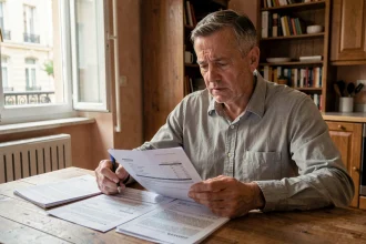 Petit propriétaire examinant des documents fiscaux liés à ses revenus locatifs à son domicile
